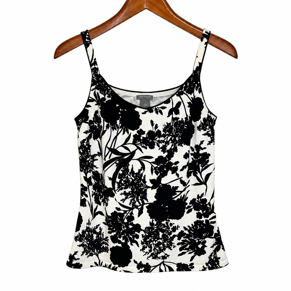 Ann Taylor Womens Small Black White Floral Cotton Knit Camisole Shell 152208